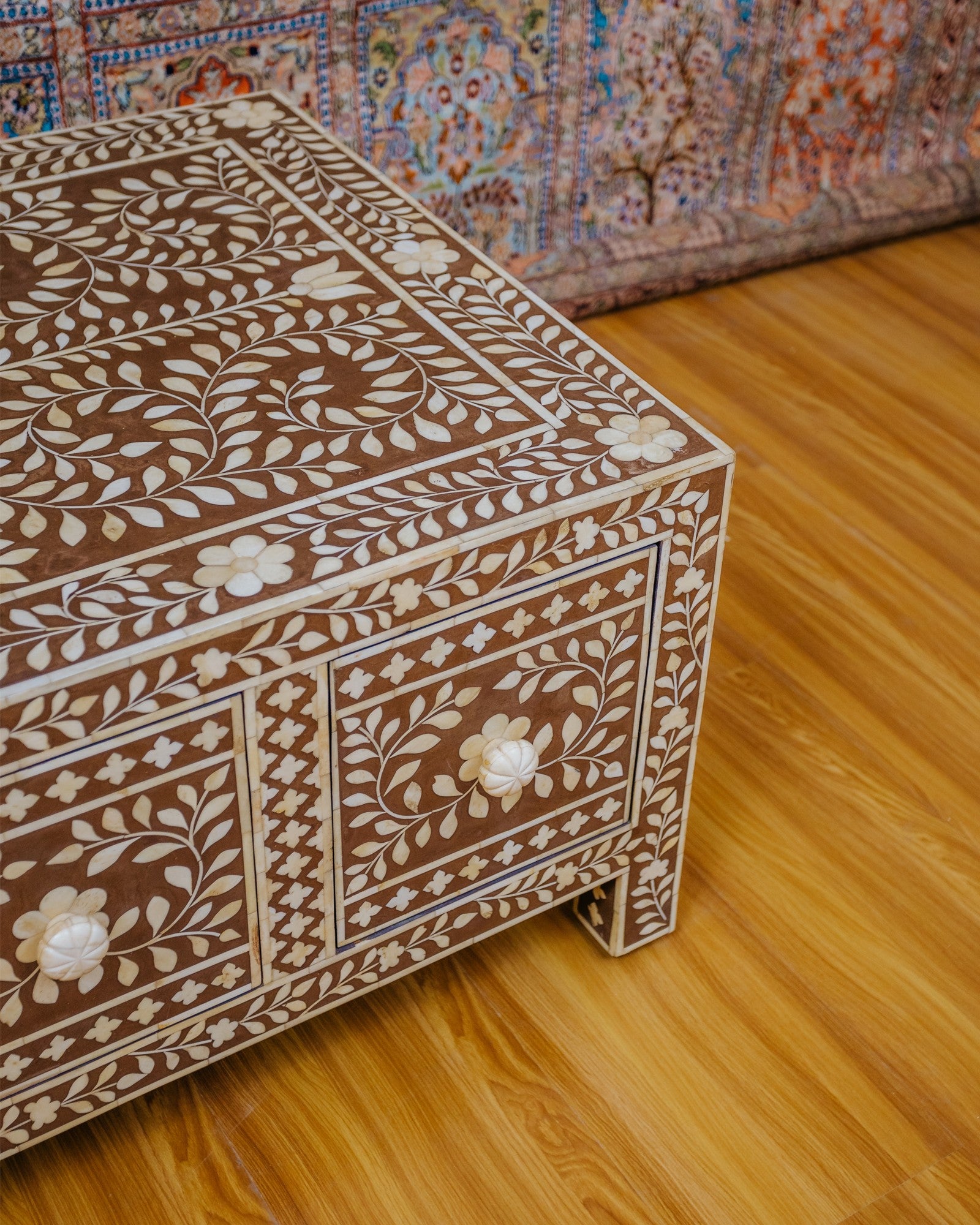 Camel bone work coffee table with drawers