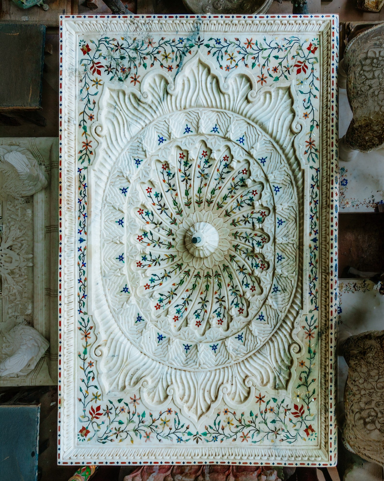 Marble Floor Fountain with gemstone inlay work
