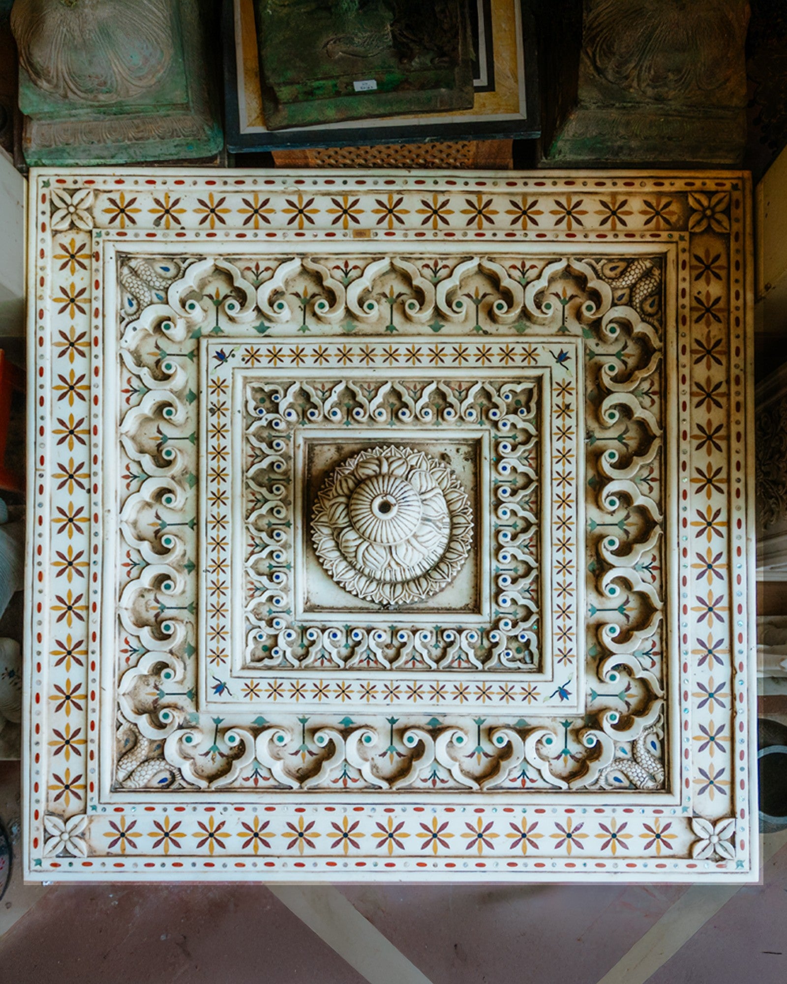 Marble Floor Fountain with gemstone inlay work