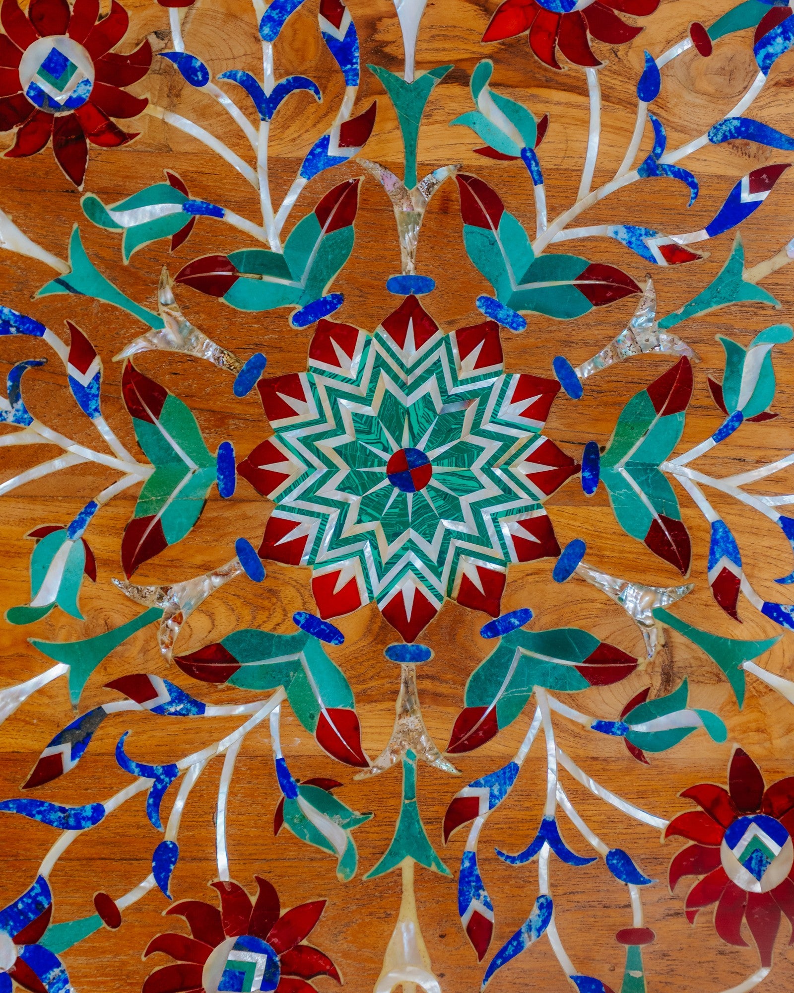 Gemstone Inlay Work Dining Table with carved base