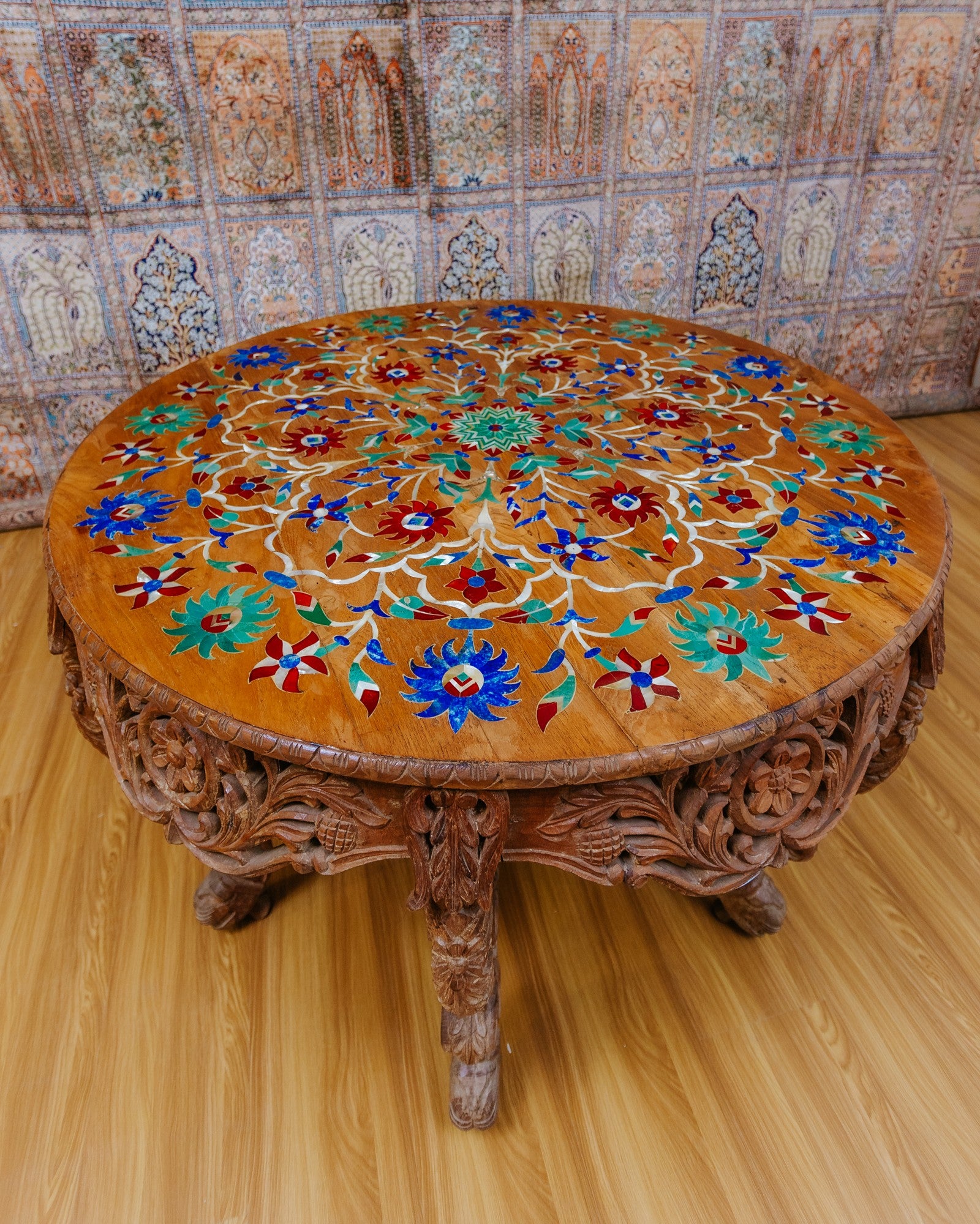 Gemstone Inlay Work Dining Table with carved base