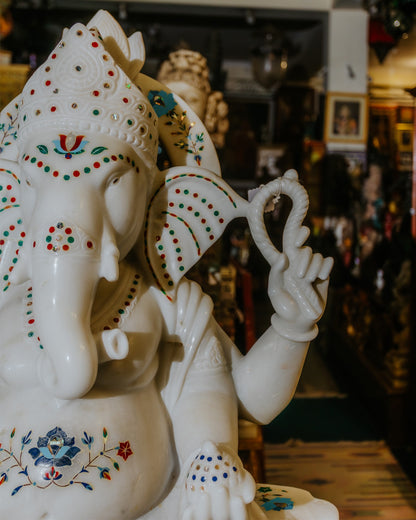 Gemstone inlaid White Marble Ganesha