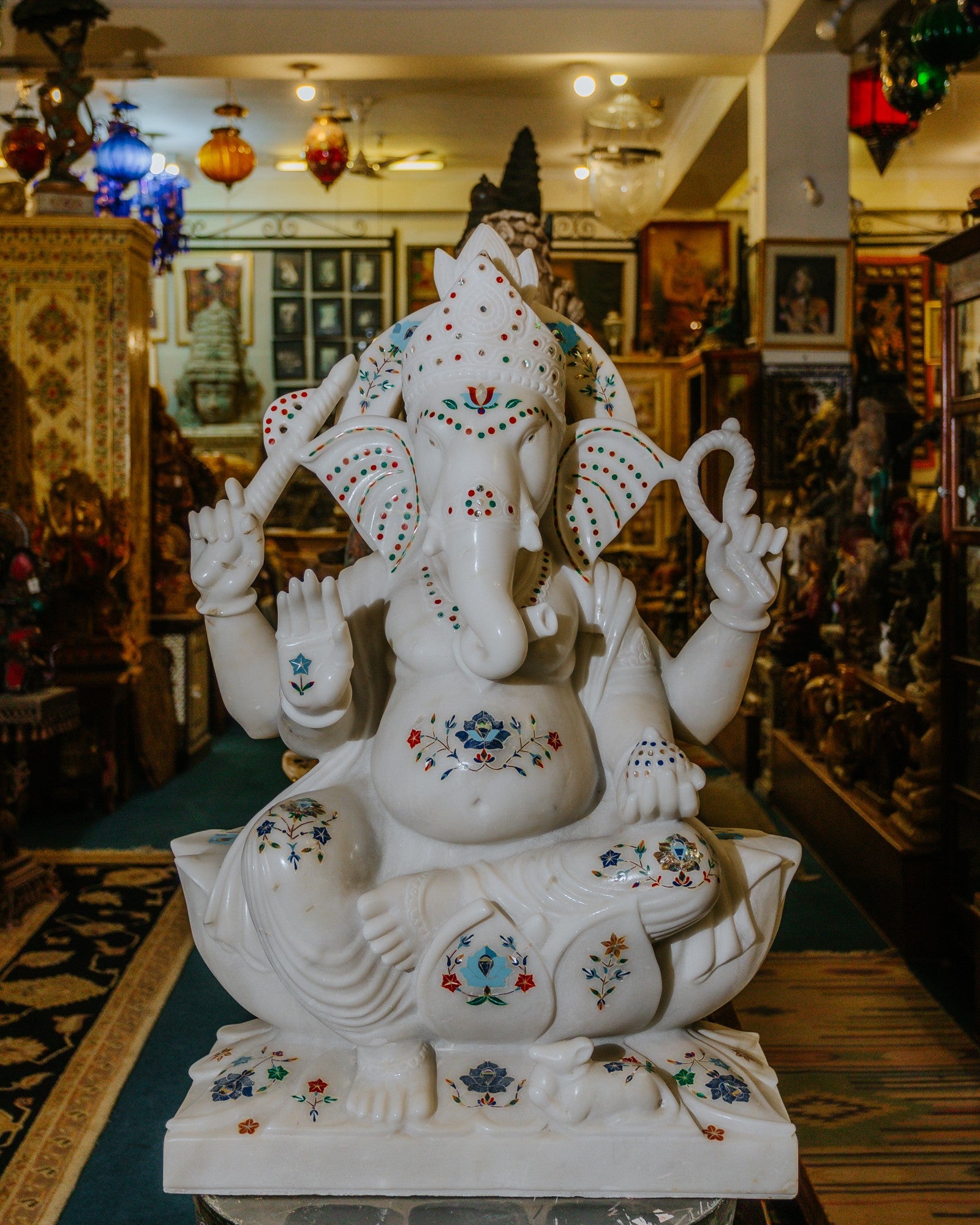 Gemstone inlaid White Marble Ganesha