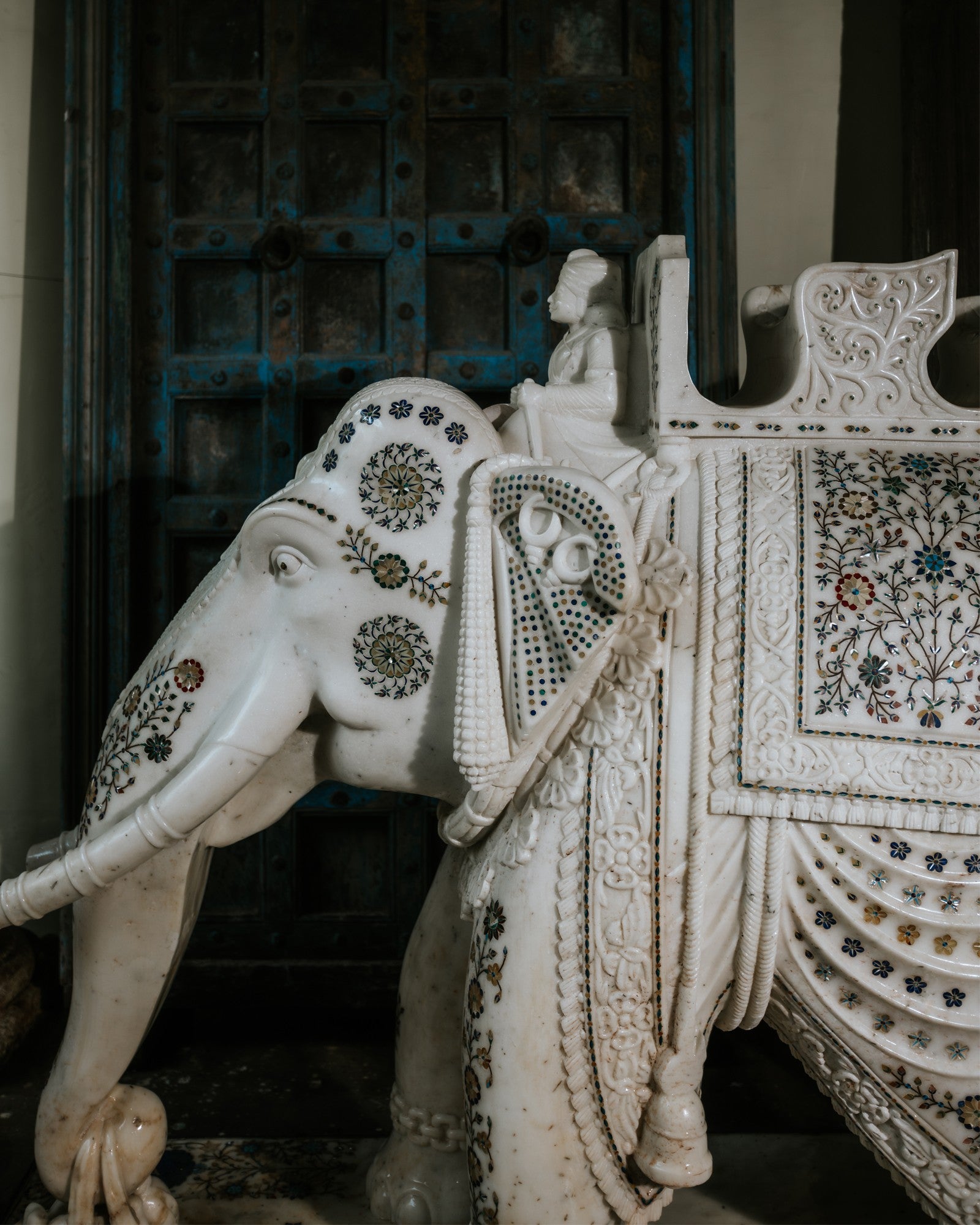 Gemstone inlaid White Marble Elephant