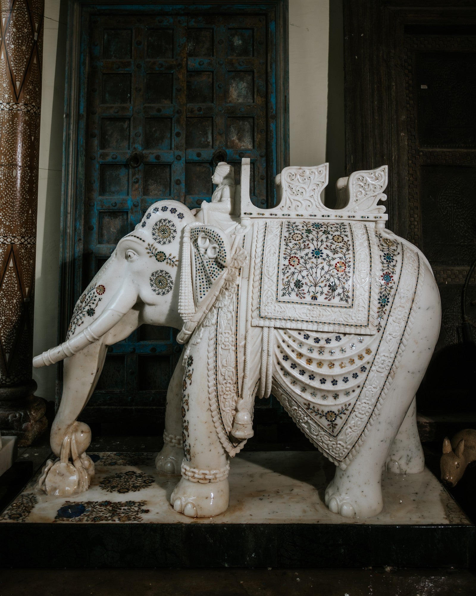 Gemstone inlaid White Marble Elephant